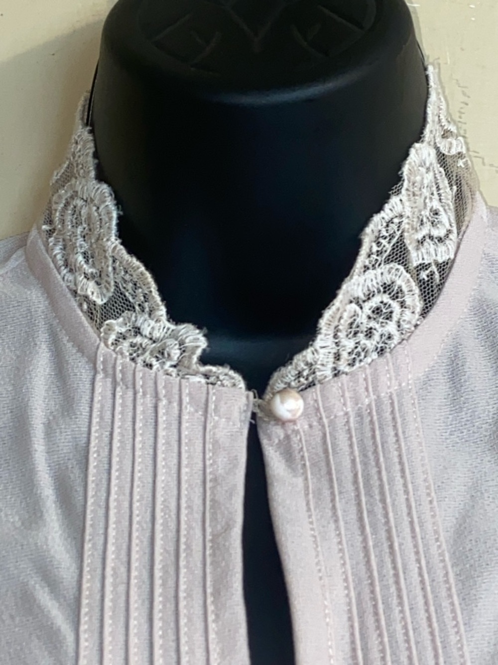 80s BEDFORD FAIR DRESS Pink & Brown Lace High Neck - Picture 3 of 8